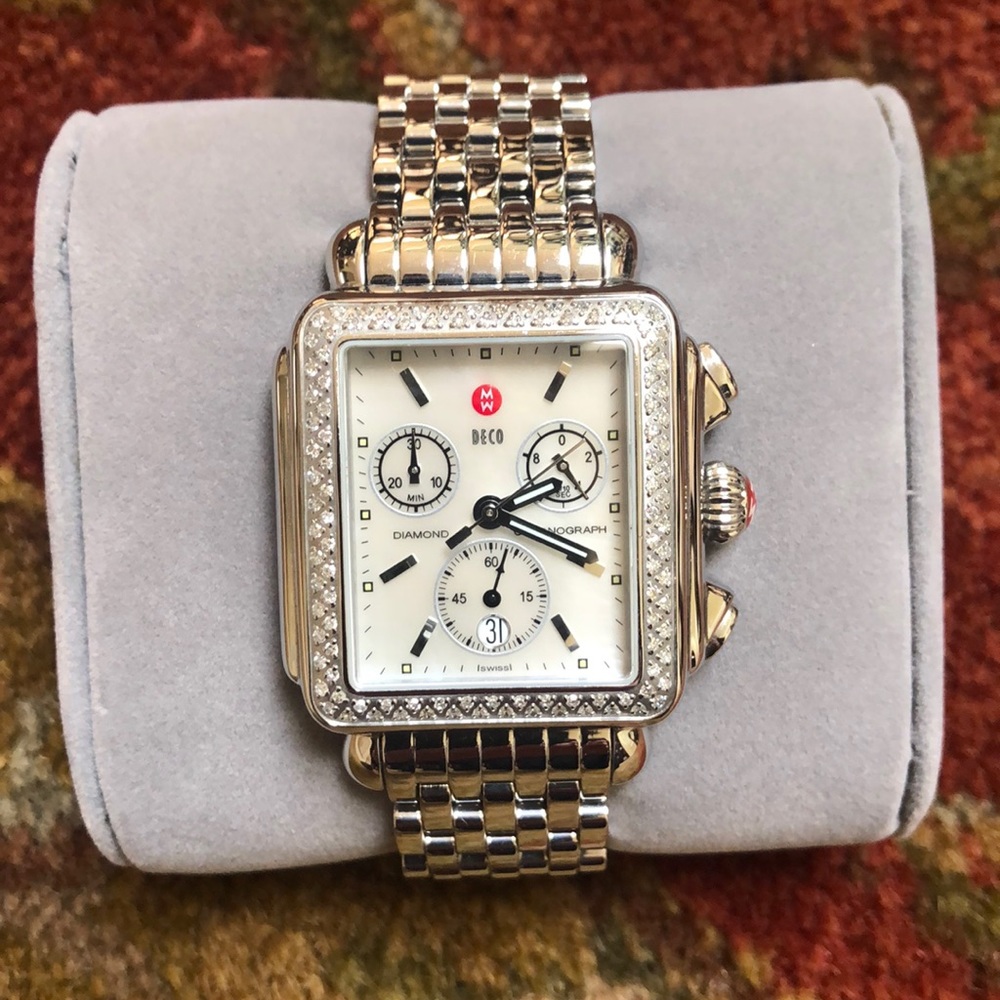 Michele diamond deco chronograph watch with two-tone band